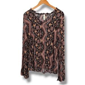 Peppermint Boho Floral Print Long Sleeve Ruffle Neck Blouse Top Women's L
